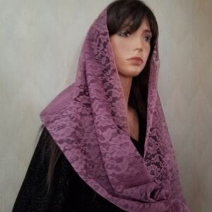 Veiled Woman Dusty Rose Lace Infinity Veil Mantilla Chapel Veil Church Wedding